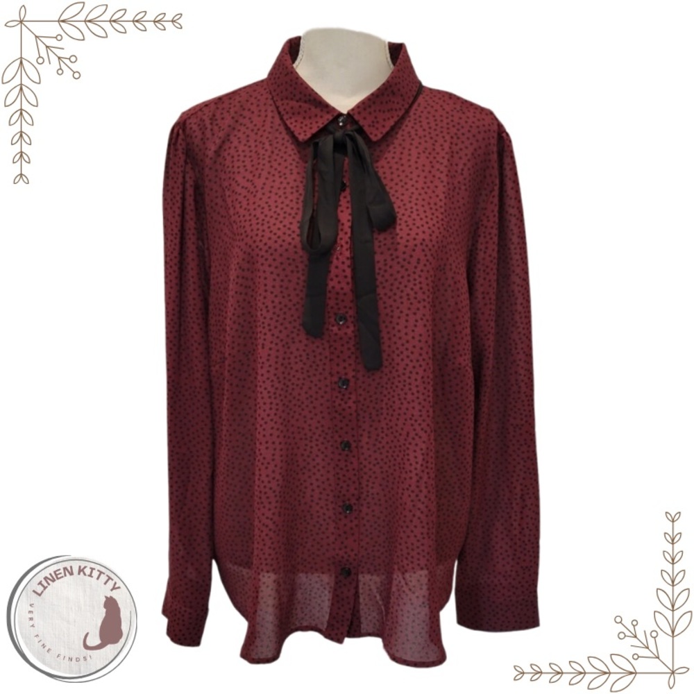 FOREVER 21 - BURGUNDY/BLACK POLKADOT LONG SLEEVE BLOUSE